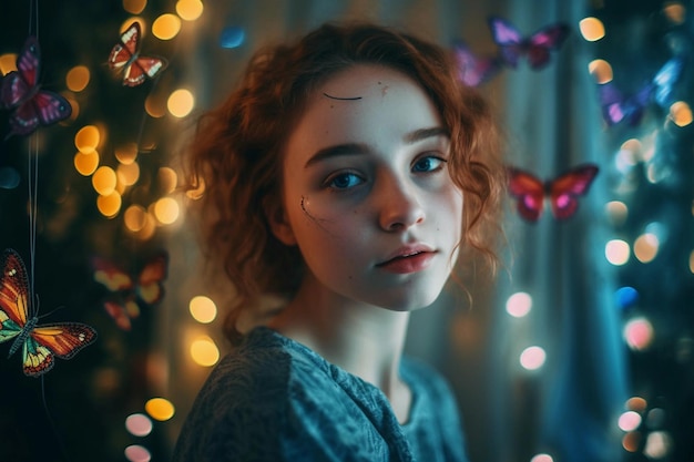 Una chica con cabello rojo y ojos azules se para frente a una mariposa colorida.