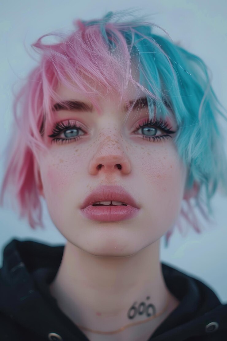 una chica con cabello rosa y azul y manchas en la cara