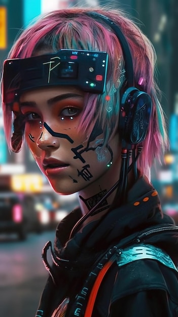 Una chica con cabello rosa y un casco con la palabra cyberpunk en él