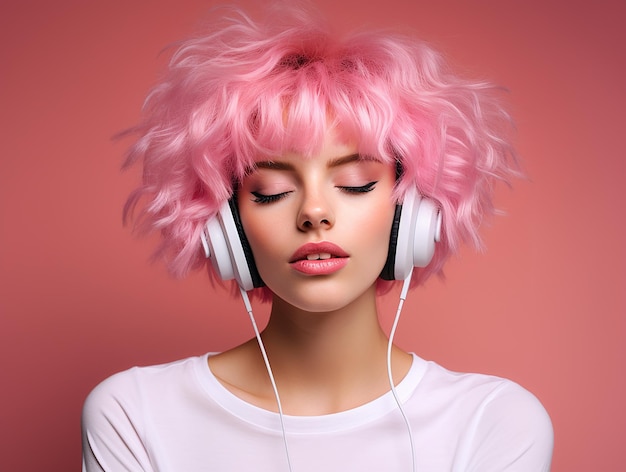 Foto una chica con el cabello rosa está escuchando música en auriculares en un fondo rosa tendencia rosa