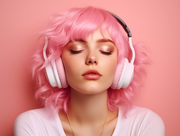 Foto una chica con el cabello rosa está escuchando música en auriculares en un fondo rosa tendencia rosa