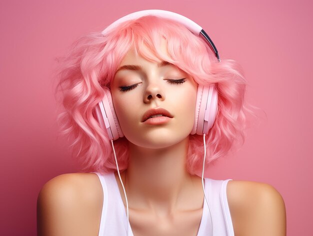 Foto una chica con el cabello rosa está escuchando música en auriculares en un fondo rosa tendencia rosa