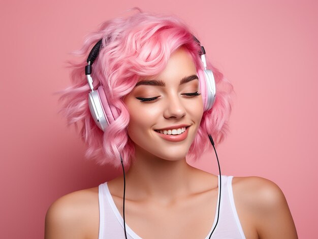 Foto una chica con el cabello rosa está escuchando música en auriculares en un fondo rosa tendencia rosa