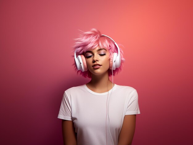 Foto una chica con el cabello rosa está escuchando música en auriculares en un fondo rosa tendencia rosa