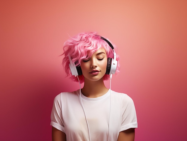 Foto una chica con el cabello rosa está escuchando música en auriculares en un fondo rosa tendencia rosa