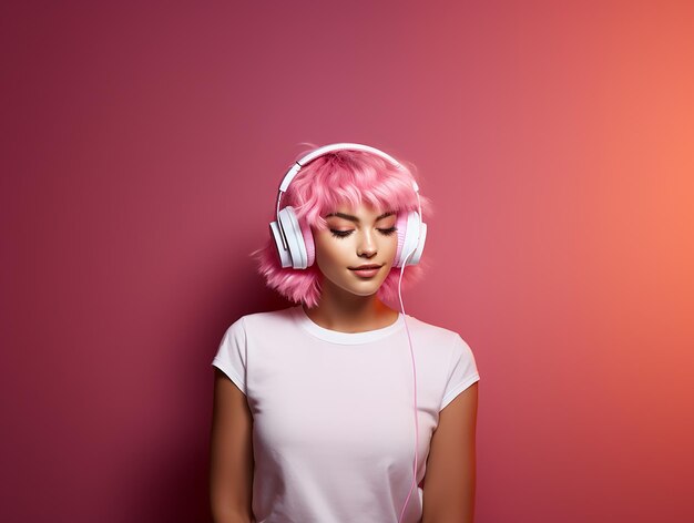 Foto una chica con el cabello rosa está escuchando música en auriculares en un fondo rosa tendencia rosa