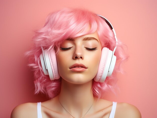 Foto una chica con el cabello rosa está escuchando música en auriculares en un fondo rosa tendencia rosa