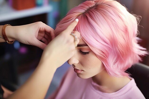 Una chica con cabello rosa se está arreglando el cabello en un salón de belleza Closeup Generative AI