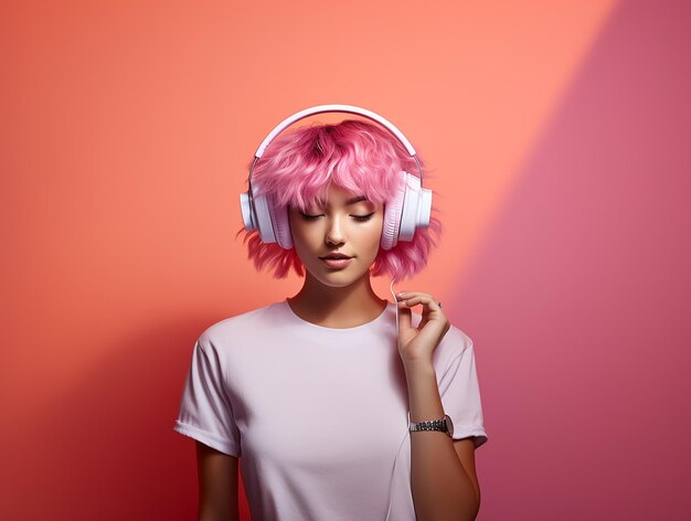 Una chica con el cabello rosa está escuchando música en auriculares en un fondo rosa tendencia rosa