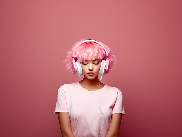 Una chica con el cabello rosa está escuchando música en auriculares en un fondo rosa tendencia rosa