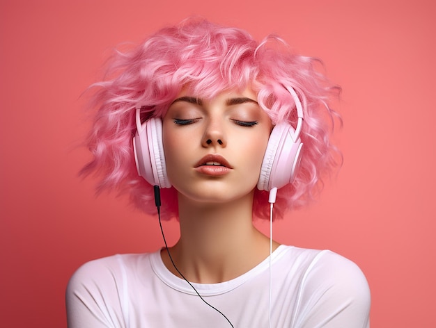 Una chica con el cabello rosa está escuchando música en auriculares en un fondo rosa tendencia rosa