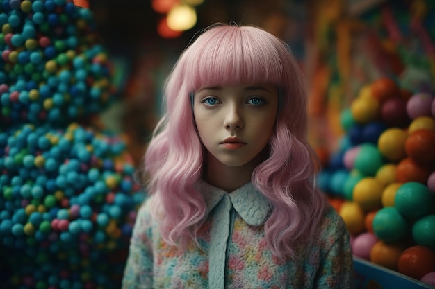 Foto una chica con cabello rosa se para frente a una exhibición de dulces.