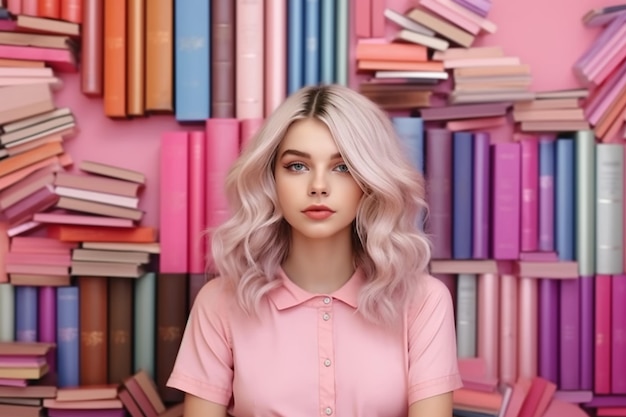 Una chica con cabello rosado se para frente a una estantería.