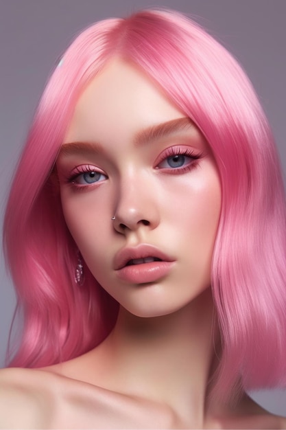 Una chica con cabello rosado y ojos rosados.