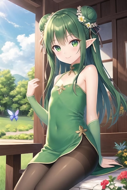 Una chica con cabello verde y cabello verde se sienta frente a una ventana.