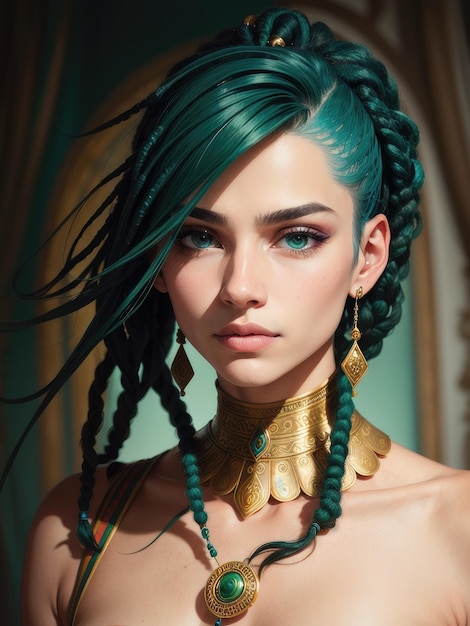 Una chica con cabello verde y collar de oro.