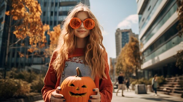 Chica con una cabeza de calabaza de Halloween en la calle de una historia de terror de una gran ciudad