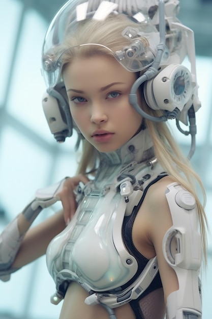 Una chica con una cabeza de robot usando un casco.