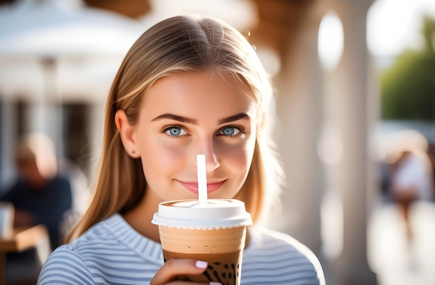 La chica con el café una copa de café con una pajita una foto en un café con una chica