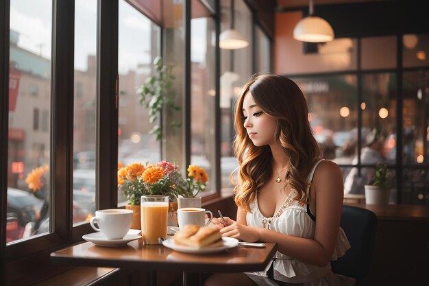 Chica en un café en el desayuno estética hermosa fotografía