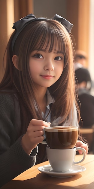 Una chica en un café con una taza de chocolate caliente generada por IA.