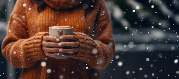 chica se calienta las manos con una bebida caliente en invierno IA generativa