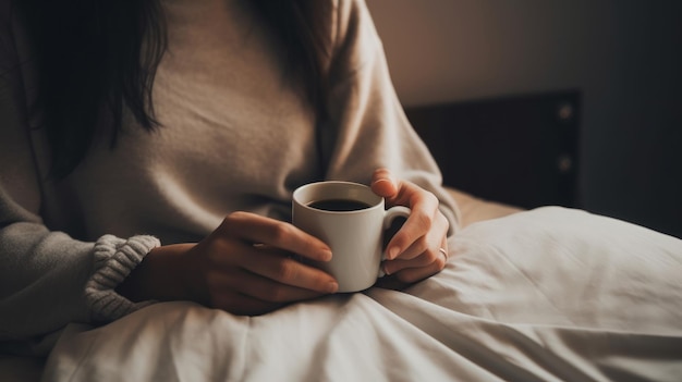 Chica en la cama con una taza de café Ilustración AI GenerativexA