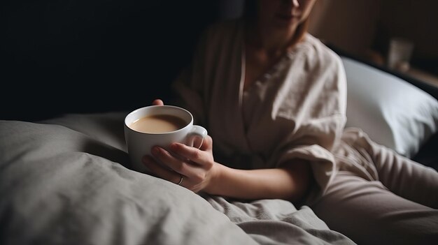 Chica en la cama con una taza de café Ilustración AI GenerativexA