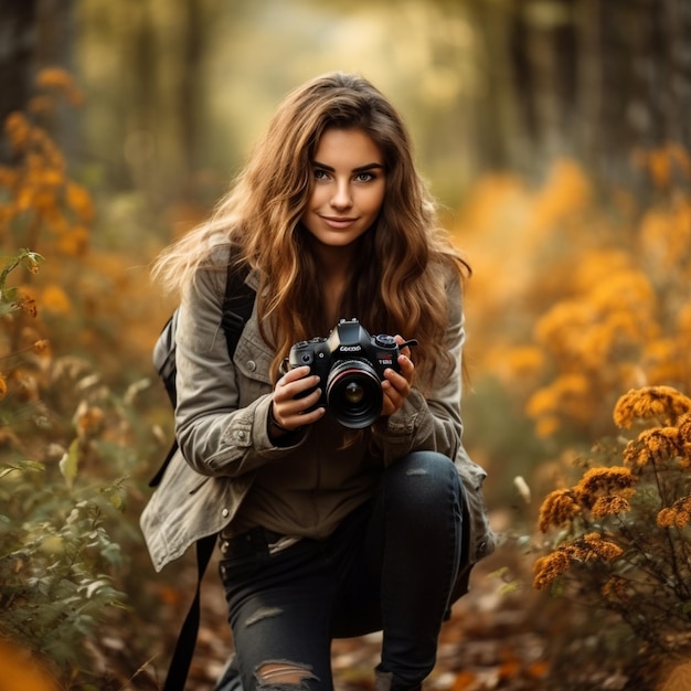 una chica con una cámara está sentada en un bosque