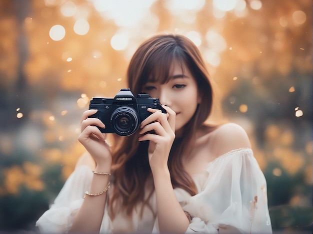 Una chica con una cámara que dice " toma una foto "