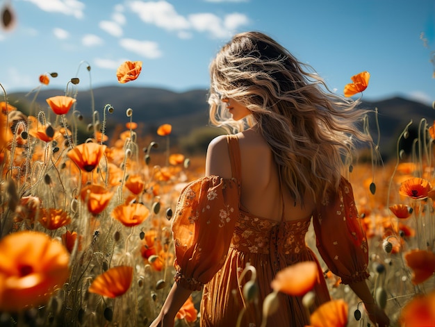 Una chica camina en un campo de amapolas vista desde la parte de atrás IA generativa