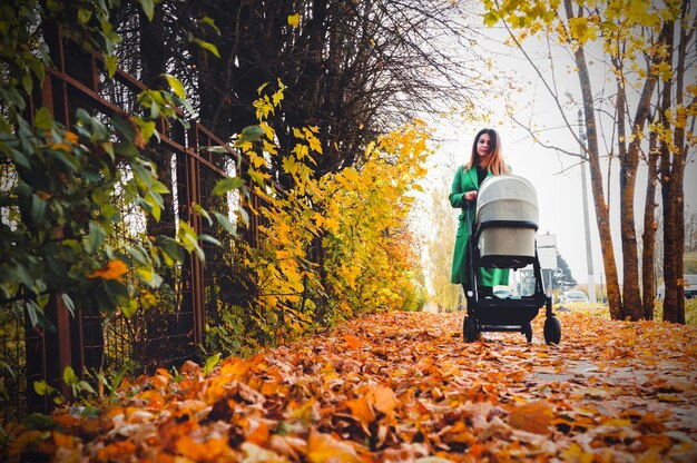 Chica camina con un cochecito en un parque de otoño cubierto de follaje