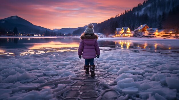 Una chica camina por el lago de hielo congelado mirando a la distancia por la noche