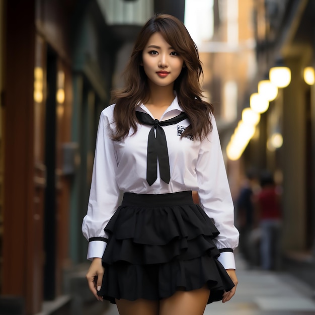 Una chica con camisa blanca y falda negra camina por la calle.