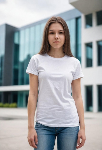 una chica con una camisa blanca de pie frente a un edificio