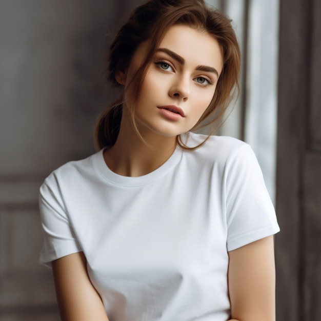 Una chica con una camisa blanca posa para una foto.