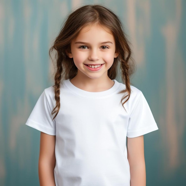 Una chica con una camisa blanca que dice "a" en ella.