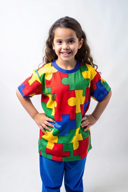 Foto una chica con una camisa colorida que dice rompecabezas en él