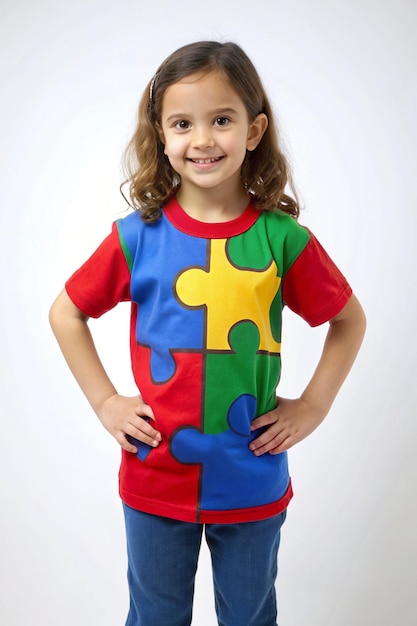 Foto una chica con una camisa colorida que dice rompecabezas en él