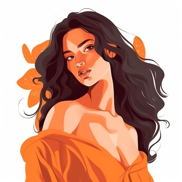 Una chica con una camisa naranja con una flor en el hombro.