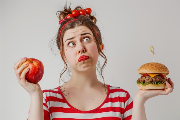 una chica con una camisa de rayas rojas y blancas sosteniendo dos sándwiches grandes