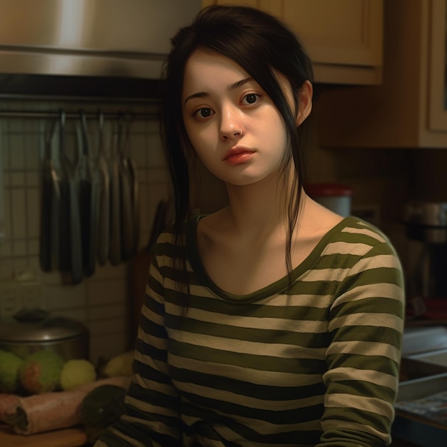 Una chica con una camisa a rayas se sienta en una cocina con un cuchillo en la mano.