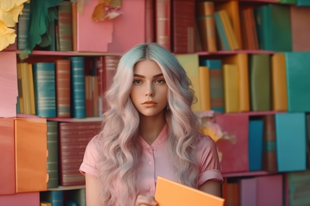Una chica con una camisa rosa y cabello azul se para frente a una estantería