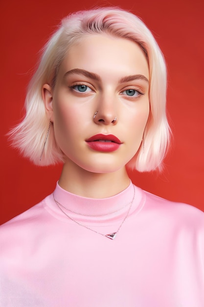 Una chica con una camisa rosa.