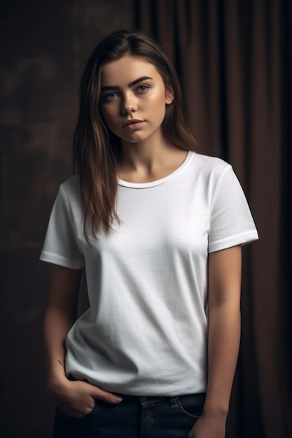 Una chica con una camiseta blanca se para frente a un fondo oscuro