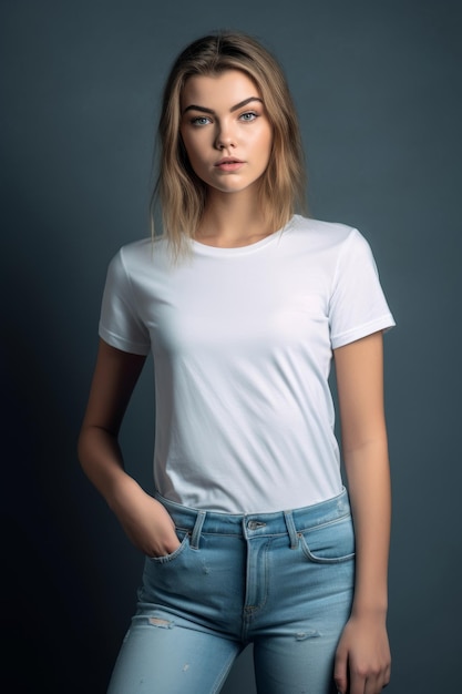 Una chica con una camiseta blanca y jeans se para frente a un fondo azul.