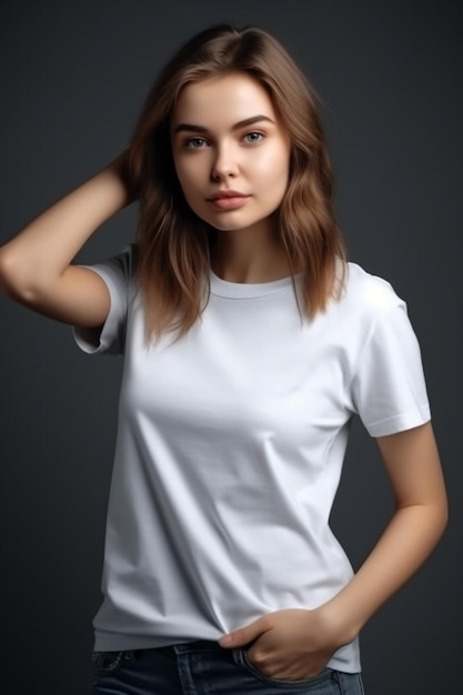 Una chica con una camiseta blanca posa sobre un fondo oscuro.