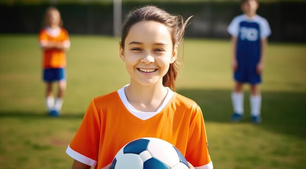 Foto una chica con una camiseta naranja sostiene una pelota de fútbol.