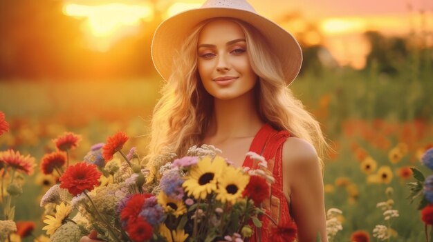 chica en un campo con flores y un ramo de flores en sus manos