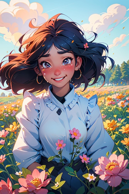 Foto una chica en un campo de flores